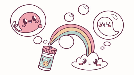 Cute cartoon characters blowing bubbles with a rainbow and cloud. Whimsical childhood imagination, dream, and fantasy.