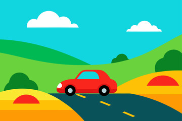 Cartoon auto travel on a mountain road landscape illustration with green trees and summer sky