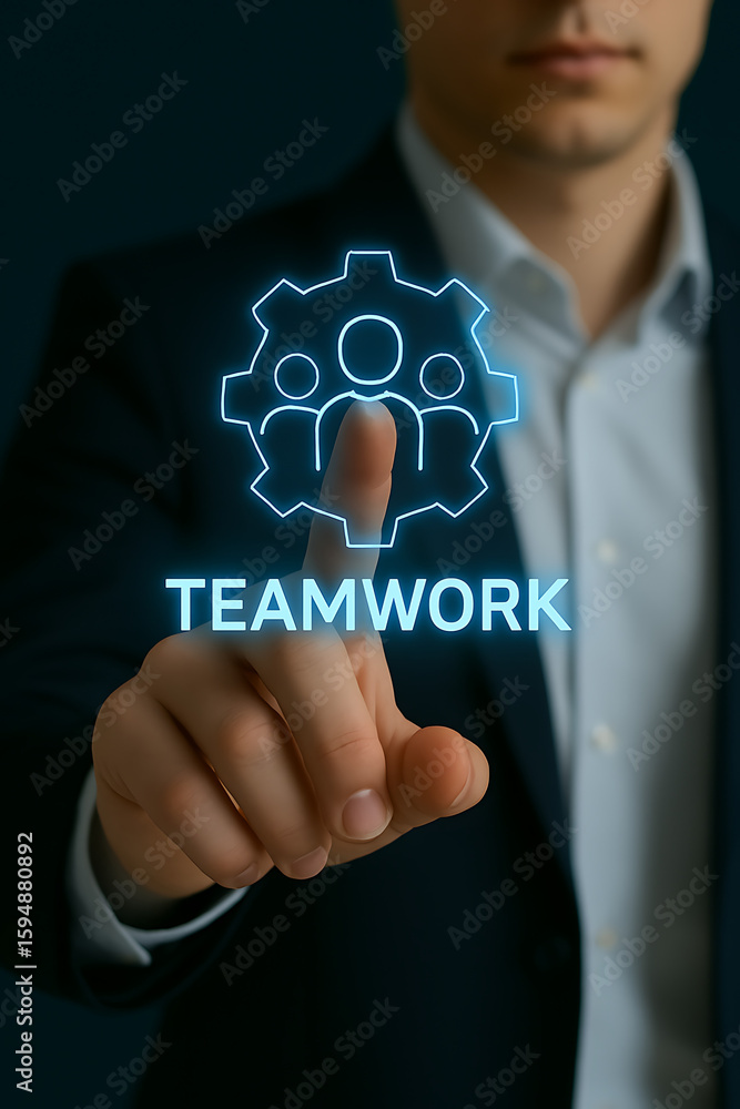 Poster conceptual teamwork visualization shows collaboration with a man's finger interacting with a gear an