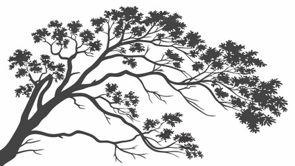 Tree branch silhouette isolated on white background. Black tree with leaves, nature design element, vector graphic for projects.