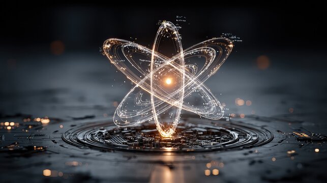 glowing chemical symbol floats midair as atomic data overlays, reaction stats, and element properties orbit around it in a lab interface.