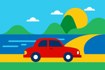 Cartoon auto on a summer road trip, exploring diverse landscapes from city to beach and green hills under a sky with clouds