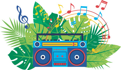 Colorful Retro Boombox with Music Notes and Tropical Leaves Illustration.
