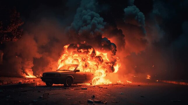 Burning car in street engulfed in flames during violent protest and urban riot with heavy smoke symbolizing chaos unrest and civil disturbance at night