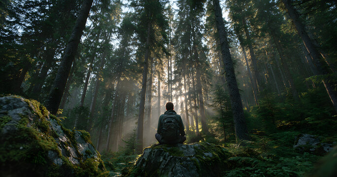 Breathing, fresh air and man in nature, calm or hiker on vacation in woods, wellness or backpacking. Hiking, backpacker and black person in forest, peace and mindfulness on holiday and free time