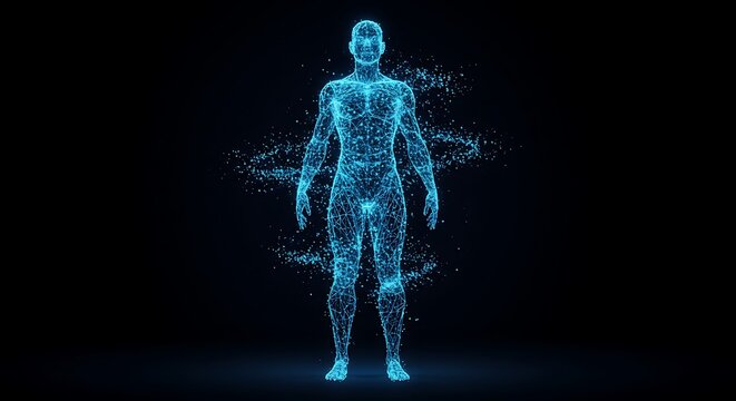 Futuristic concept of human anatomy as a digital avatar or AI, represented by a glowing blue particle plexus network.