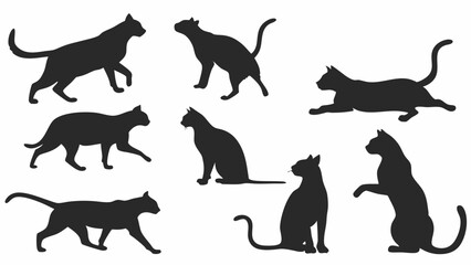 Obraz premium Black cat silhouettes set. Collection of domestic feline animal shapes in various poses. Vector illustration.