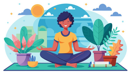 Woman meditating outdoors surrounded by plants and books