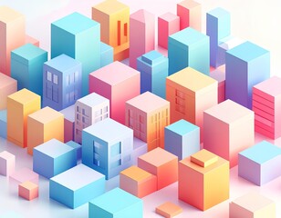 Vibrant abstract cityscape with colorful geometric buildings in pastel tones