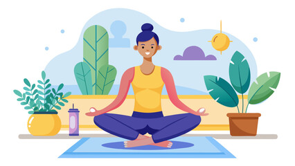 Woman meditating peacefully indoors surrounded by plants and sunlight