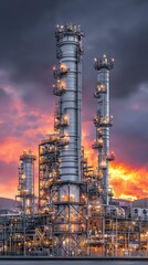 Fototapeta premium Industrial facility with towering smokestacks illuminated at sunset against a dramatic sky