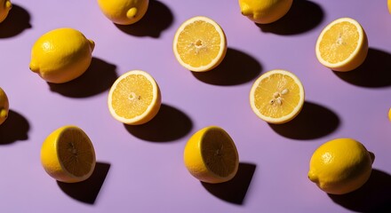 Vibrant yellow lemons, whole and halved, arranged in a playful pattern on a pastel purple background.