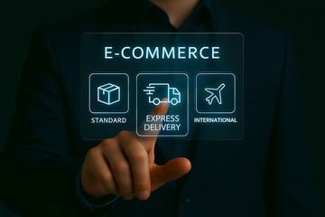E-commerce business is showcased through delivery options in a digital interface for online shopping and expedited services.
