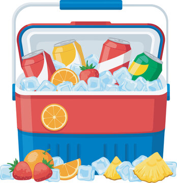 Red and blue portable cooler with an open lid filled with ice cubes soda cans and fresh fruit like oranges and strawberries.