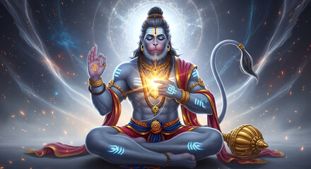 Spiritual digital artwork of Hanuman sitting in meditation pose with glowing divine heart powerful aura ornaments sacred symbols perfect for devotional religious poster design