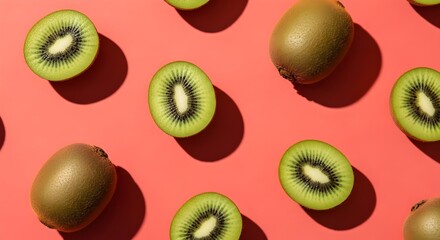 Fototapeta premium Fresh kiwi fruit halves and whole fruits arranged on a vibrant coral background, top view