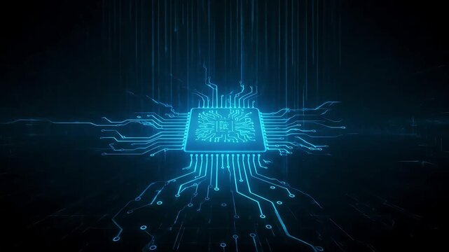 Futuristic AI Microprocessor Chip with Circuit Board Patterns and Binary Code Rain - Technology Background for Digital Innovation, Computing, and Artificial Intelligence