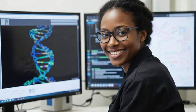 Young African American scientist smiles, performing genome analysis on high-tech screens showing DNA structure, chromosomal mapping. Focused researcher uses bioinformatics software, advanced