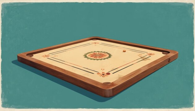 Wooden carrom board illustration with intricate floral design, single striker. Classic Indian board game, perfect for indoor entertainment, friendly competition, features smooth playing surface,