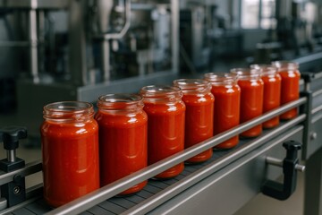Tomato Sauce Jars Advance Along Factory Conveyor, highlighting industrial automation, quality control and vibrant red color within food production.