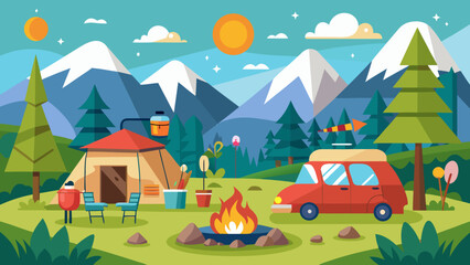 Naklejka premium Mountain camping scene with tent car and campfire