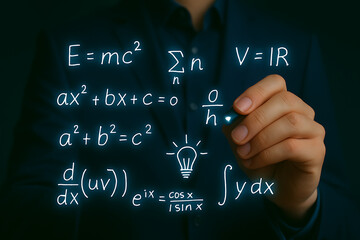 Person writing mathematical equations on a transparent surface with formulas and symbols for education or scientific concepts.