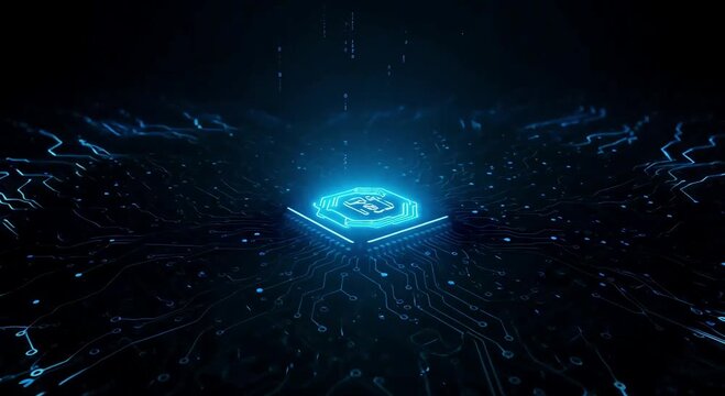 Glowing AI Chip with Circuit Board Patterns and Binary Code Rain - Artificial Intelligence Processor, Digital Technology Background and Computing Innovation Concept