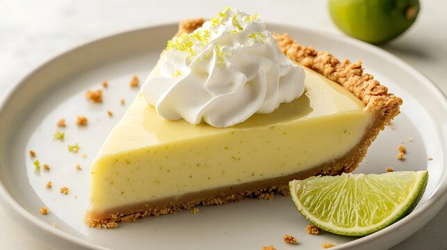 Slice of Key Lime Pie with Whipped Cream and Lime Garnish