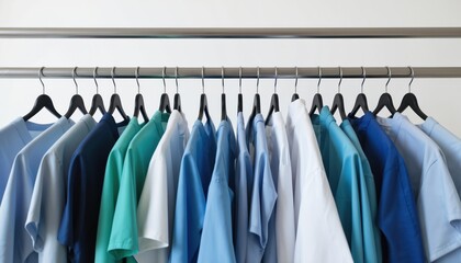 Variety of colorful medical workwear scrubs hanging on closet rack. Clothes display in shades of blue, green, white. Apparel assortment for medical professionals, doctors nurses. Healthcare apparel