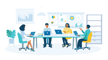 Illustration of a business meeting with four people and laptops at a conference table with charts