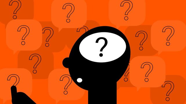 Animation of a person thinking with question marks around them, representing questions, confusion, and problems