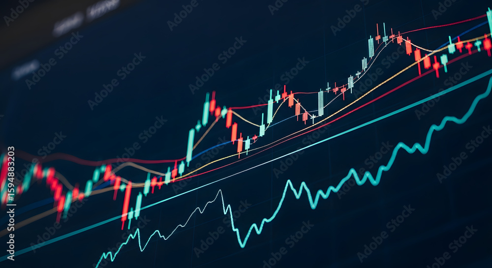 Poster a close-up of a stock market chart with upward trending lines displayed on a dark screen.