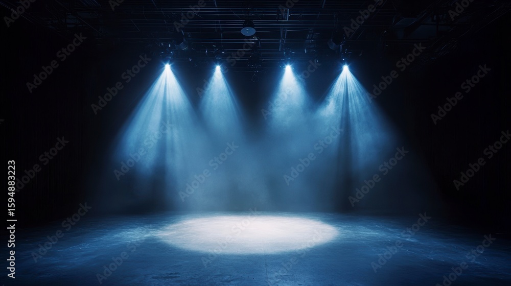 Poster dark stage with three blue spotlights creating a hazy illuminated circle on the floor.