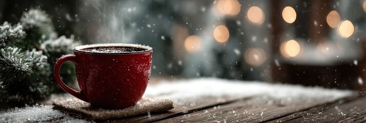 Cozy red mug filled with hot beverage amidst falling snowflakes and warm lights during winter evening