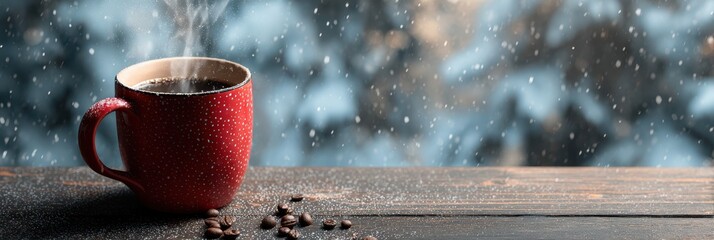 Cozy red mug filled with coffee placed on a snowy table during winter morning