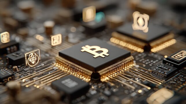 golden blockchain pulses above a motherboard, with transaction paths glowing and crypto icons aligning in financial data flow.