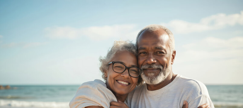 Happy elderly African American couple embraces on beach. Smiling senior man and woman share loving moment by ocean. Their joyful expressions reflect lifetime of companionship and contentment.