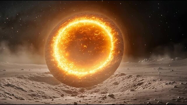 Fiery Orange Ringed Sphere on Lunar Landscape