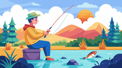 Naklejka premium Man fishing by the lake with mountains and sun
