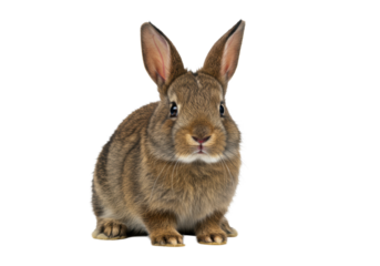 A young domestic rabbit with soft brown fur, expressive black eyes, and delicate pink ears, looking forward with a cute gaze on a clean transparent studio background, commercial photography concept