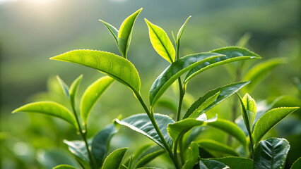 fresh green tea leaves closeup photo