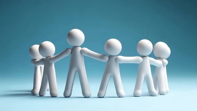 Group of white figurines standing together on a blue background, symbolizing unity and teamwork