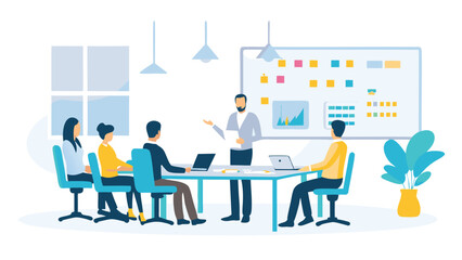Illustration of a business meeting with people around a table and a presenter at the whiteboard