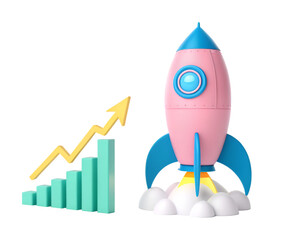 Pink blue rocket growth icon 3D illustration