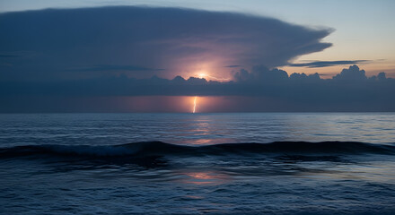 Lightning Bolt Strikes Ocean During Colorful Dramatic Sunset