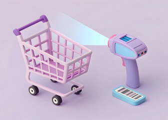 Pastel shopping cart scanner 3D illustration