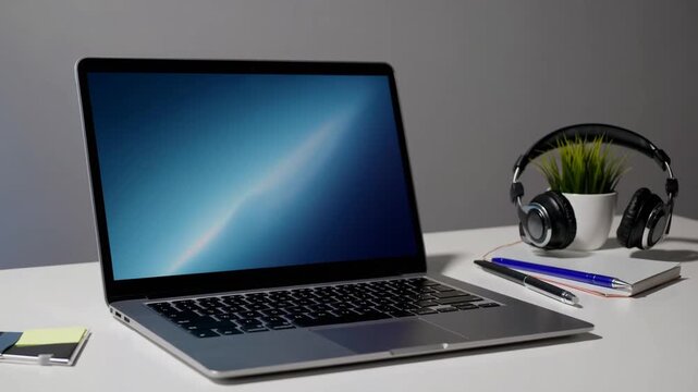 workspace setup featuring laptop, headphones, and office supplies on blue and gray background for online learning - Powered by Adobe