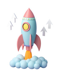 Playful rocket launch cloud arrows 3D illustration
