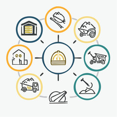 Fototapeta premium A circular diagram illustrating construction processes and elements including a warehouse, a house, and various vehicles transporting materials.