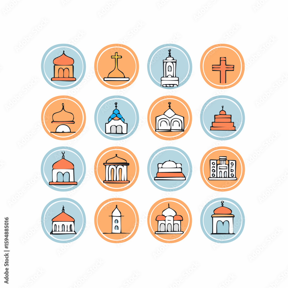 Poster a collection of colorful vector illustrations featuring various religious buildings and structures, 